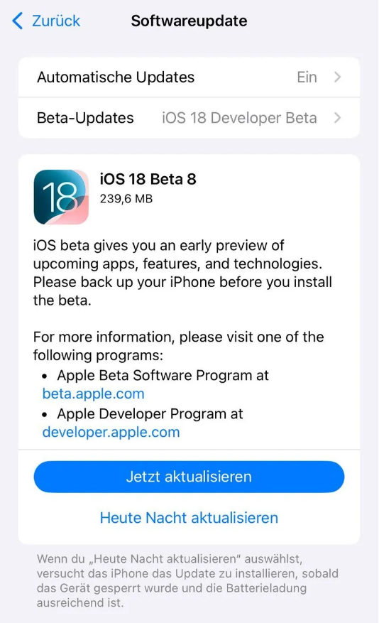 新野苹果手机维修分享苹果 iOS / iPadOS 18 开发者预览版 Beta 8 发布 